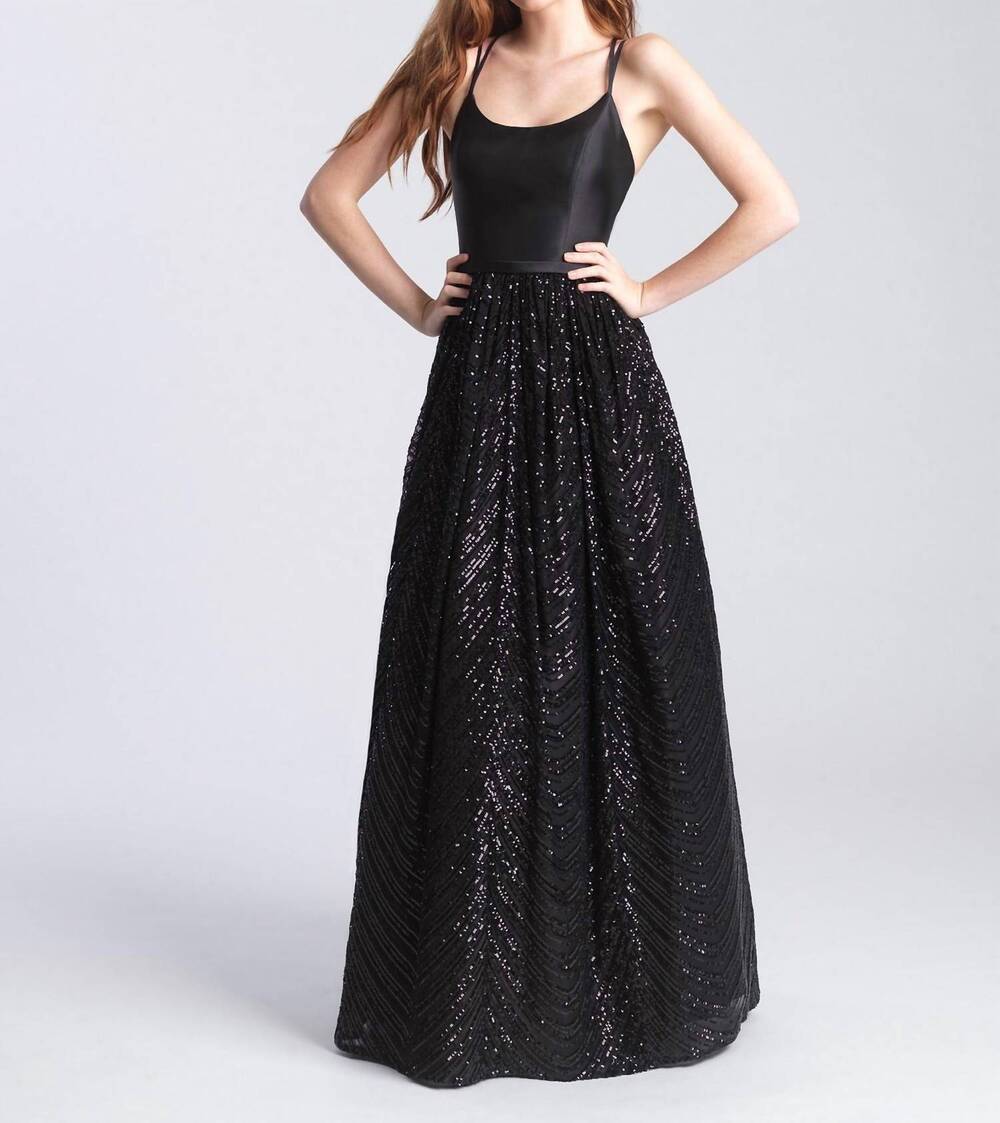 NEW MADISON JAMES satin and sequins gown in black
